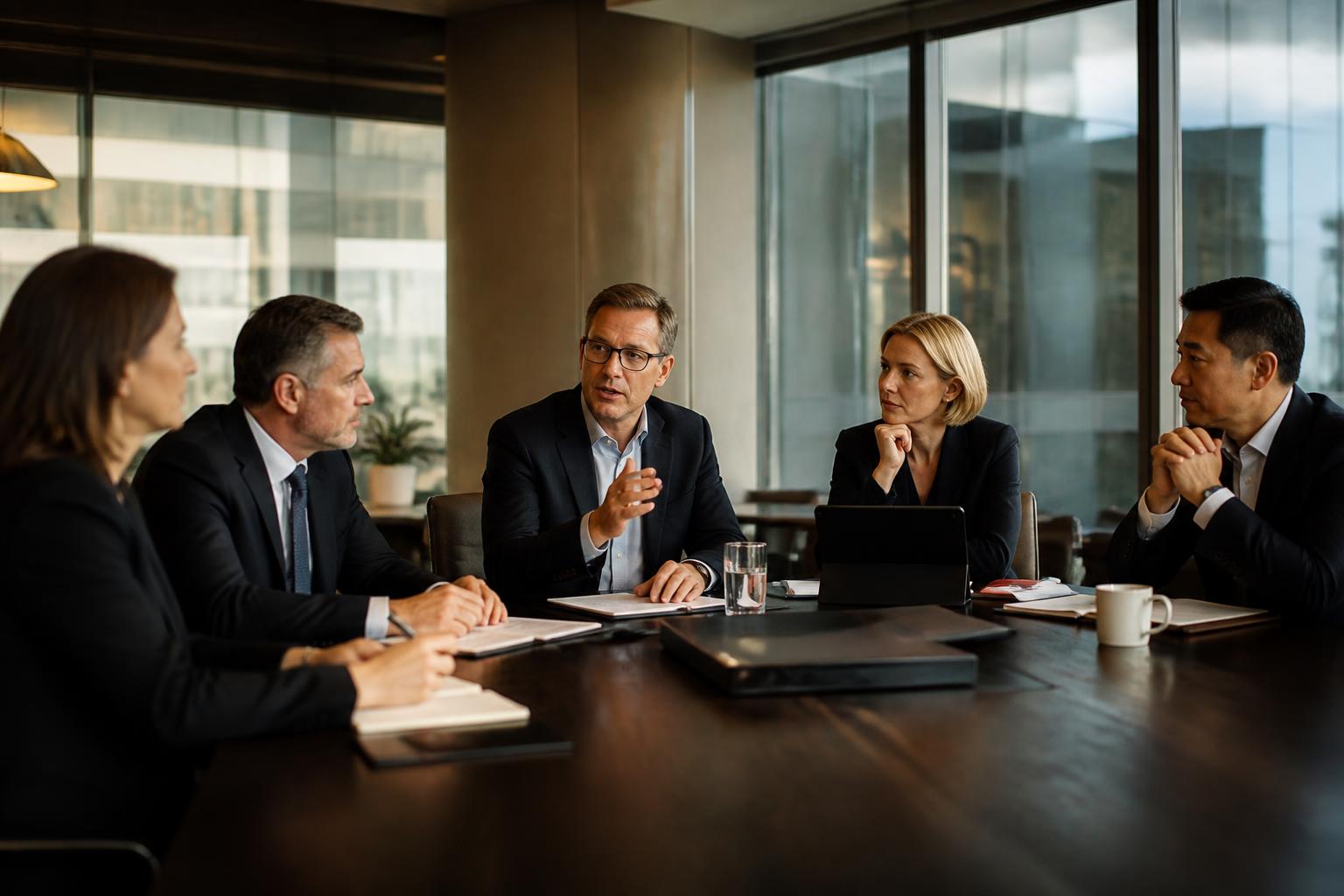 Executive leadership team in discussion in a glass boardroom