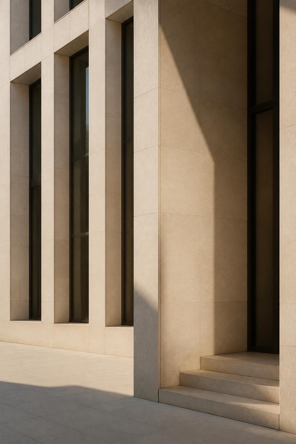 Modern limestone facade catching directional dawn light